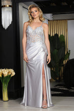 Load image into Gallery viewer, LA Merchandise LA2043 V-Neck Satin Embellished Prom Evening Dress - SILVER - Dress LA Merchandise