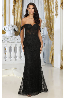 LA Merchandise LA2044 Lace Off-Shoulder Long Prom Dress - BLACK - Dress LA Merchandise