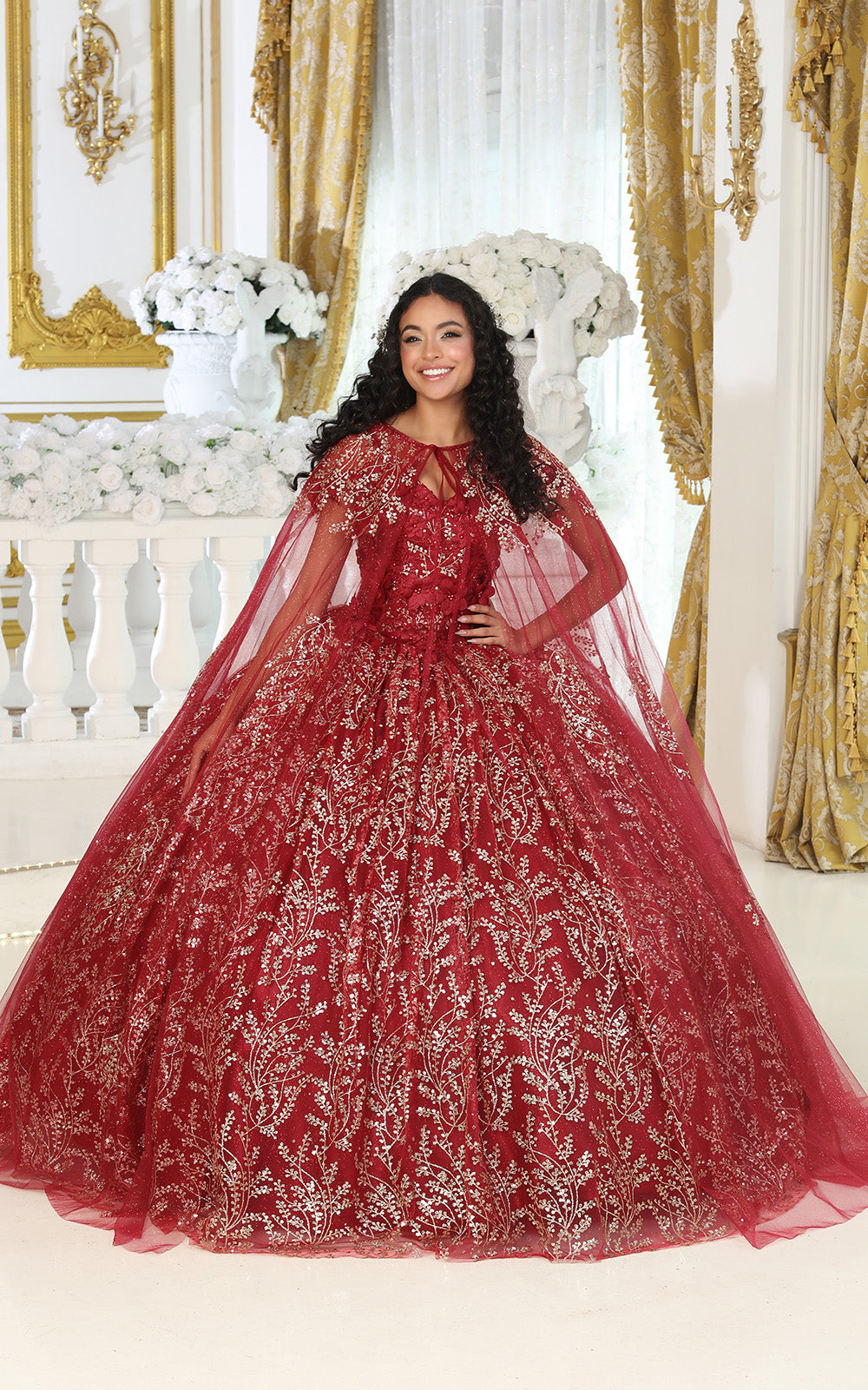 LA Merchandise LA204 Detachable Cape Glitter Ball Quinceanera Gown - BURGUNDY - LA Merchnadise