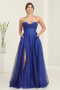 LA Merchandise LA2064 A-line Glitter Sweetheart Open Back Prom Gowns - ROYAL BLUE - LA Merchandise