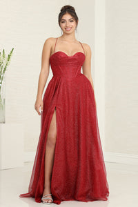 LA Merchandise LA2064 A-line Glitter Sweetheart Open Back Prom Gowns - BURGUNDY - LA Merchandise