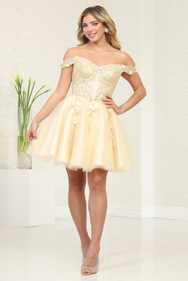 LA Merchandise LA2081 Floral Lace Off Shoulder Short Bridesmaid Dress - CHAMPAGNE - Dress LA Merchandise