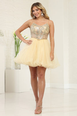 LA Merchandise LA2082 Short Fitted Corset Embellished Prom Dress - CHAMPAGNE - Dress LA Merchandise