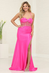 LA Merchandise LA2088 Long Jeweled Corset Strappy Back Prom Gown - FUCHSIA - Dress LA Merchandise