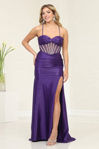 LA Merchandise LA2088 Long Jeweled Corset Strappy Back Prom Gown - PURPLE - Dress LA Merchandise