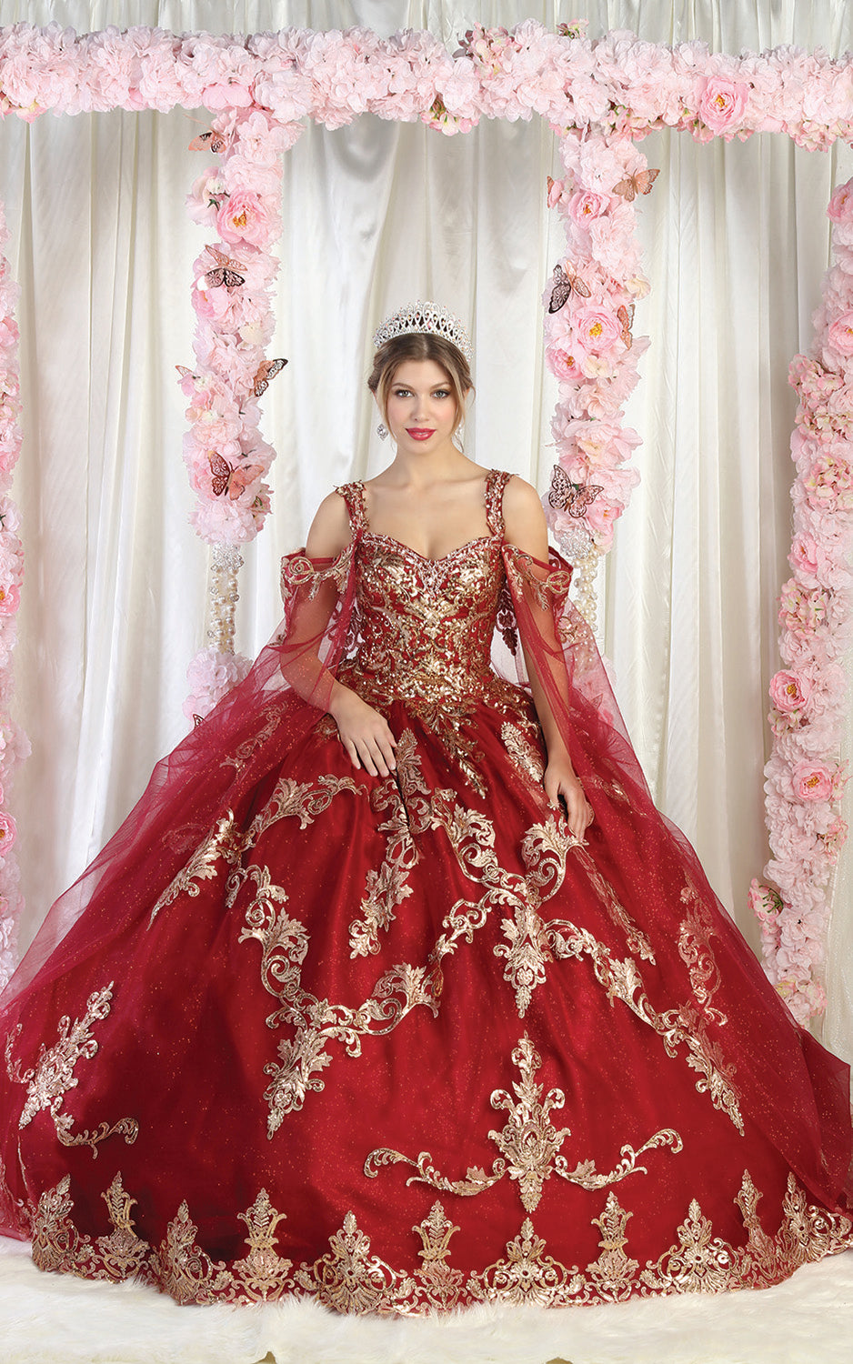 LA Merchandise LA210 Quinceanera Dress With Cape - BURGUNDY - LA Merchnadise