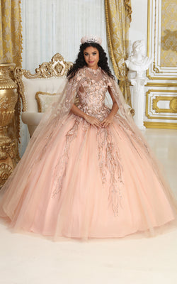 LA Merchandise LA212 Detachable Cape Embroidered Quinceanera Ball Gown - ROSE GOLD - LA Merchnadise
