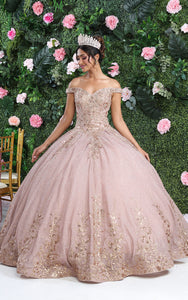 LA Merchandise LA220 Off Shoulder Floral Embroidery Quince Ball Gown - ROSE GOLD - Dress LA Merchnadise