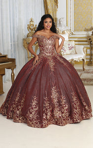 LA Merchandise LA220 Off Shoulder Floral Embroidery Quince Ball Gown - BURGUNDY - Dress LA Merchnadise