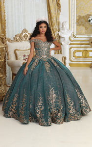 LA Merchandise LA220 Off Shoulder Floral Embroidery Quince Ball Gown - HUNTER GREEN - Dress LA Merchnadise