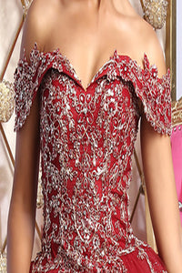 LA Merchandise LA227 Burgundy/Gold Embroidered Corset Quince Ball Gown - - LA Merchandise