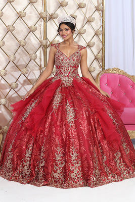LA Merchandise LA231 V-Neck Embroidered Quince Tulle Ruffle Gown - BURGUNDY GOLD - LA Merchandise