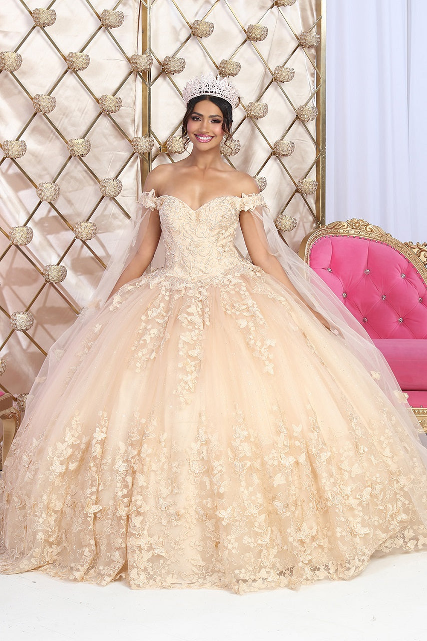 LA Merchandise LA236 Off-Shoulder Butterfly Appliqued Ball Gown - CHAMPAGNE - LA Merchandise