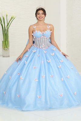 LA Merchandise LA239 Butterfly Sheer Glitter Corset Ball Gown with Bow - BABY BLUE PINK - LA Merchandise