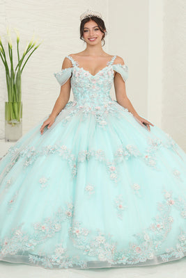 LA Merchandise LA258 Mint Cold Shoulder Floral Quinceanera Ball Gown - MINT - LA Merchandise
