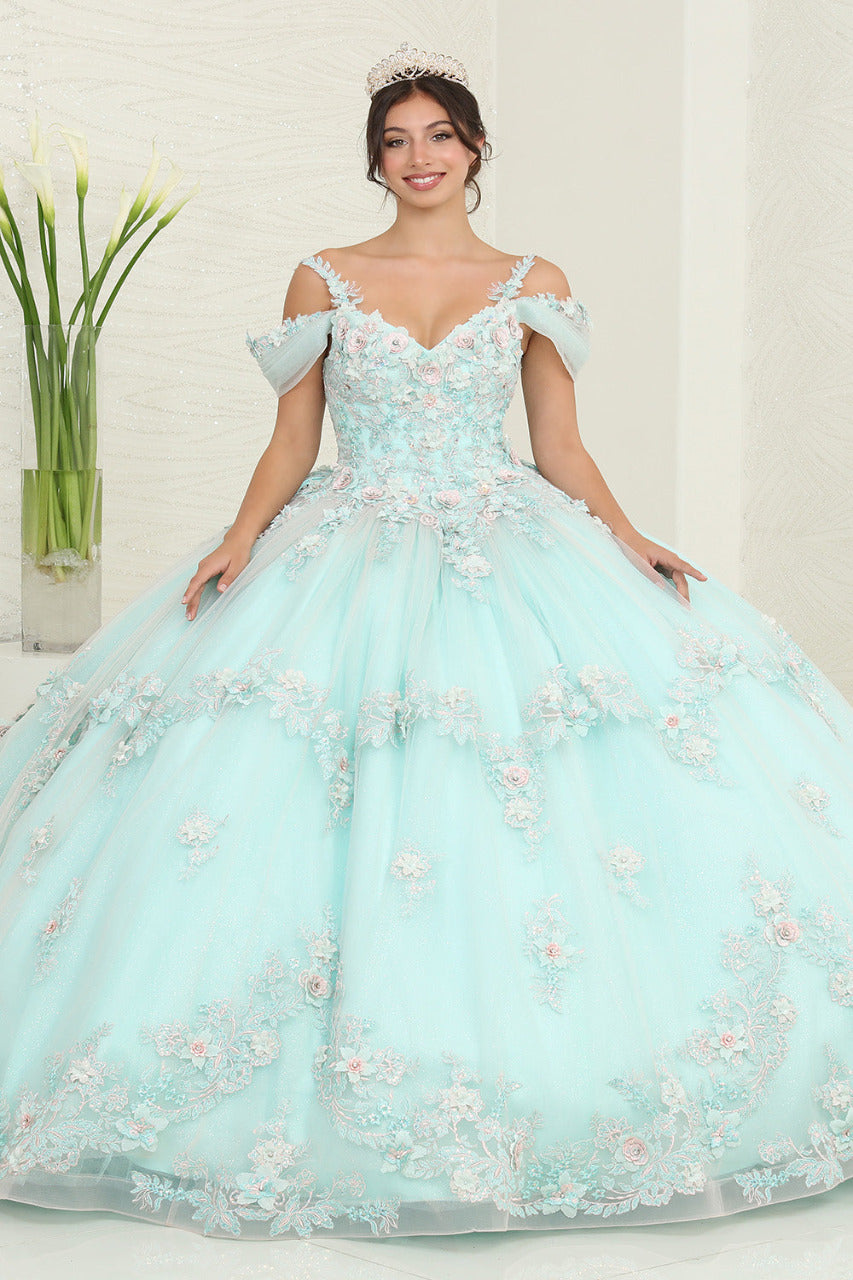 LA Merchandise LA258 Mint Cold Shoulder Floral Quinceanera Ball Gown - MINT - LA Merchandise