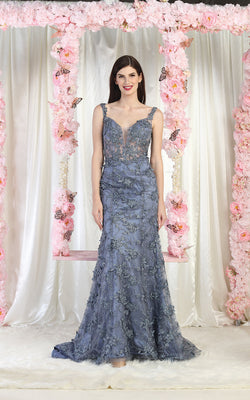 LA Merchandise LA7982 Embroidered Special Occasion Gown - DUSTY BLUE - Dress LA Merchandise