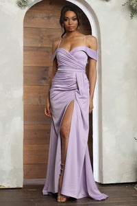LA Merchandise LA7990 Simple Off-Shoulder Satin Bridesmaids Dress - LILAC - Dress LA Merchandise