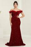 Load image into Gallery viewer, LA Merchandise LA7992 Off-Shoulder Long Sequin Feather Prom Dress - BURGUNDY - Dress LA Merchandise