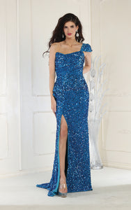 LA Merchandise LA8003 Sequined One Shoulder Prom Gown - TURQUOISE - Dress LA Merchandise