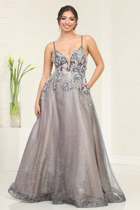 LA Merchandise LA8035 Charcoal/Nude Embellished beaded Evening Gown - CHARCOAL NUDE - Dress LA Merchandise