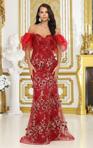 LA Merchandise LA8037 Floral Applique Off Shoulder Glitter Prom Gown - BURGUNDY - Dress LA Merchandise