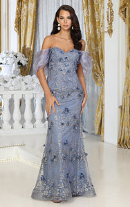 LA Merchandise LA8037 Floral Applique Off Shoulder Glitter Prom Gown - DUSTY BLUE - Dress LA Merchandise