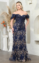 Load image into Gallery viewer, LA Merchandise LA8037 Floral Applique Off Shoulder Glitter Prom Gown - NAVY - Dress LA Merchandise