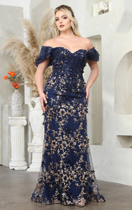 LA Merchandise LA8037 Floral Applique Off Shoulder Glitter Prom Gown - NAVY - Dress LA Merchandise