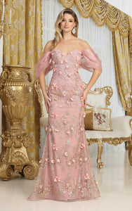 LA Merchandise LA8037 Floral Applique Off Shoulder Glitter Prom Gown - ROSE GOLD - Dress LA Merchandise
