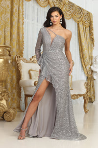 LA Merchandise LA8038 Ruffle Asymmetrical Red Carpet Sequin Gown - CHARCOAL GRAY - Dress LA Merchandise