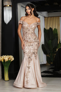 LA Merchandise LA8040 Glitter Beaded Lace Up Back Prom Dress - ROSE GOLD - Dress LA Merchandise