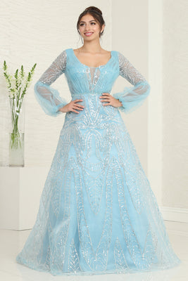 LA Merchandise LA8042 Dusty Blue Long Sleeve Mother of Bride Gown - DUSTY BLUE - Dress LA Merchandise