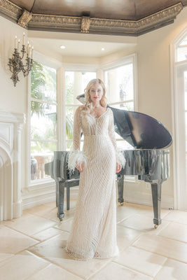 LA Merchandise LA8043 Sequin Feather Cuff Sleeves Evening Gown - CHAMPAGNE - Dress LA Merchandise