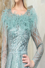 Load image into Gallery viewer, LA Merchandise LA8044 Feather Long Sleeve Mother of Bride Mesh Gown - - Dress LA Merchandise