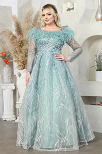 LA Merchandise LA8044 Feather Long Sleeve Mother of Bride Mesh Gown - SAGE - Dress LA Merchandise