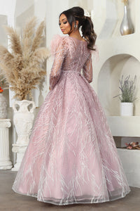 LA Merchandise LA8044 Feather Long Sleeve Mother of Bride Mesh Gown - - Dress LA Merchandise