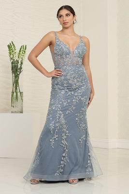 LA Merchandise LA8047 Floral Beaded Sleeveless Formal Gala Gown - DUSTY BLUE - Dress LA Merchandise