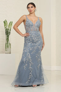 LA Merchandise LA8047 Floral Beaded Sleeveless Formal Gala Gown - DUSTY BLUE - Dress LA Merchandise
