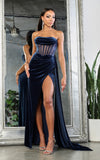 Load image into Gallery viewer, LA Merchandise LA8049 Strapless Corset Bone Side Cape Velvet Prom Gown - MIDNIGHT BLUE - Dress LA Merchandise