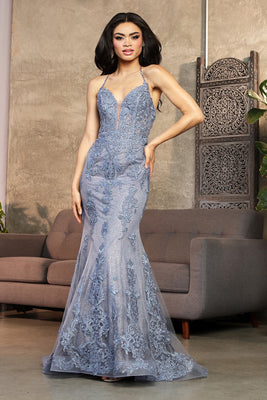 LA Merchandise LA8054 Beaded Embroidered Formal Long Gown - DUSTY BLUE - Dress LA Merchandise
