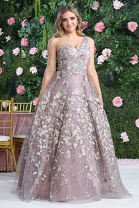 LA Merchandise LA8057 One Shoulder Floral A-Line MOB Semi Ball Gown - MAUVE - Dress LA Merchandise