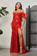 Load image into Gallery viewer, LA Merchandise LA8058 3D Floral Lace Appliqued Feather Prom Dress - RED - Dress LA Merchandise