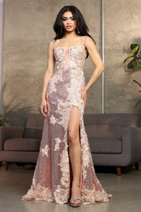 LA Merchandise LA8058 3D Floral Lace Appliqued Feather Prom Dress - ROSE GOLD - Dress LA Merchandise
