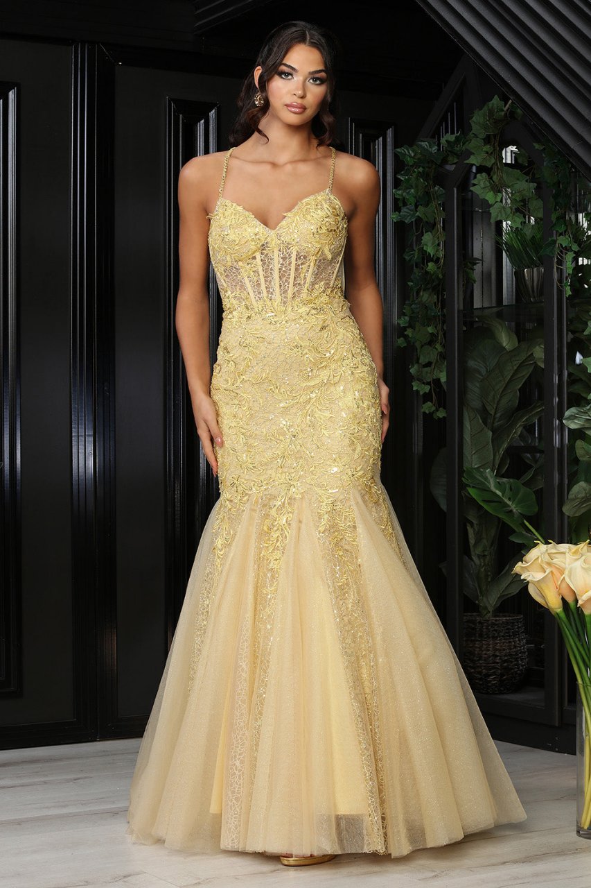 LA Merchandise LA8059 Corset Embroidered Prom Mermaid Evening Dress - GOLD - Dress LA Merchandise