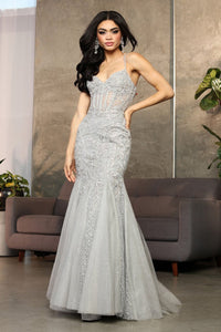 LA Merchandise LA8059 Corset Embroidered Prom Mermaid Evening Dress - SILVER - Dress LA Merchandise
