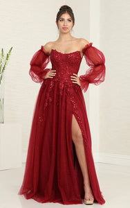 LA Merchandise LA8060 High lit Detachable Long Sleeves Pageant Gown - BURGUNDY - Dress LA Merchandise