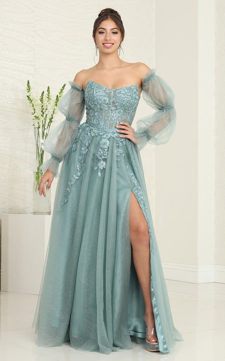 LA Merchandise LA8060 High lit Detachable Long Sleeves Pageant Gown - SAGE - Dress LA Merchandise
