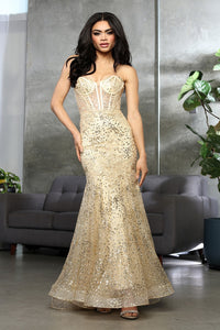 LA Merchandise LA8061 Glitter Embellished Strapless Evening Gown - CHAMPAGNE - Dress LA Merchandise