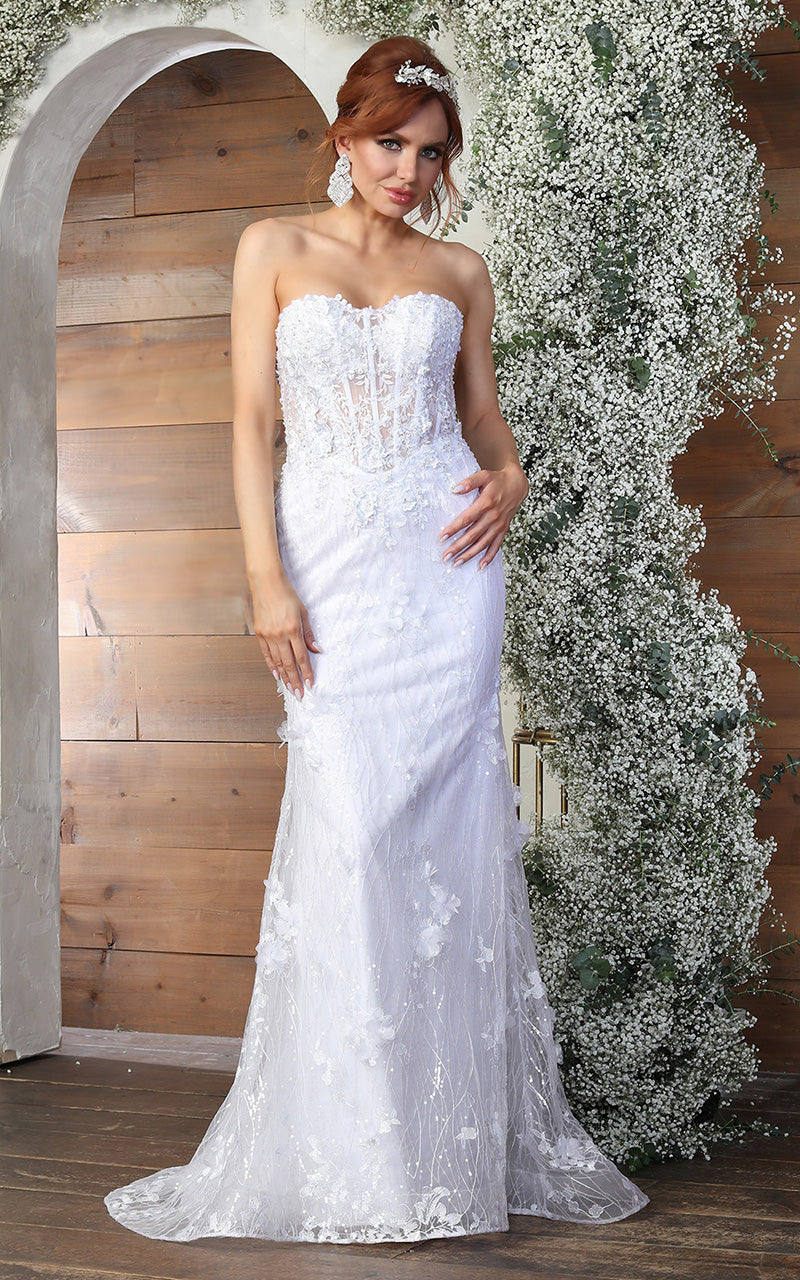 LA Merchandise LA8063B 3D Floral Applique Long Wedding Reception Dress - WHITE - Dress LA Merchandise
